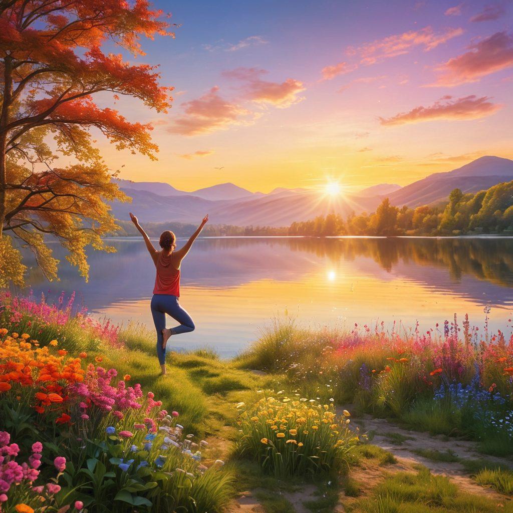 A serene landscape showcasing a vibrant sunrise over a calm lake, with colorful flowers in full bloom along the shore symbolizing positivity. A person practicing yoga on a grassy hilltop, arms raised in joy, surrounded by gentle beams of sunlight. Bright, uplifting colors that convey happiness and tranquility, inviting viewers to embrace a joy-filled life. super-realistic. vibrant colors. peaceful atmosphere.