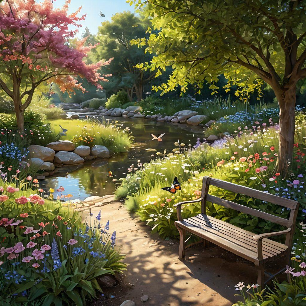 A serene landscape featuring a tranquil garden filled with blossoming flowers, a gentle stream flowing through, and a person practicing mindfulness on a bench, surrounded by butterflies and birds. Soft sunlight filters through the trees, creating a warm, inviting atmosphere. Emphasize elements that symbolize peace and contentment. super-realistic. vibrant colors. natural setting.
