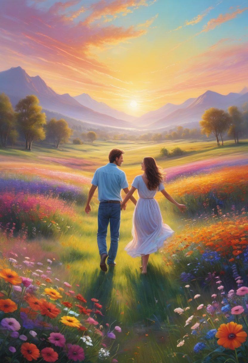 A serene landscape depicting a sunrise over a vibrant meadow filled with colorful flowers, symbolizing joy and radiance. In the foreground, a diverse group of people are engaging in joyful activities like dancing, painting, and laughing, embodying the essence of happiness. Soft light illuminates their faces, creating a warm and inviting atmosphere. The sky is painted in soft pastels, suggesting a new beginning and hope. super-realistic. vibrant colors. soft focus.